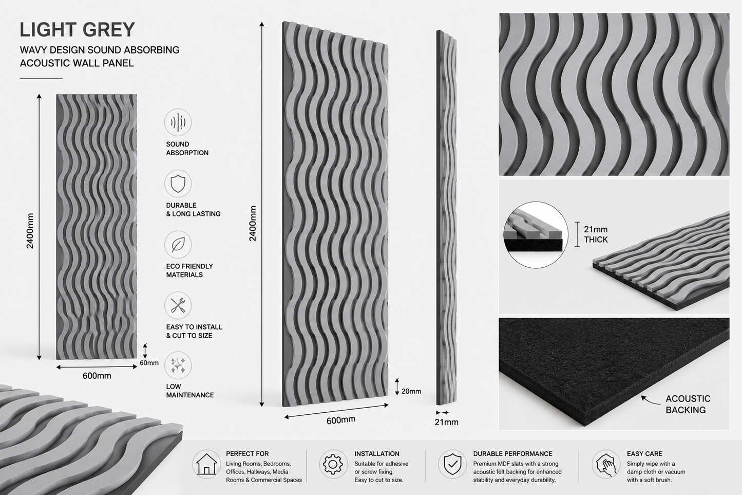 Silver Sound Absorbing Acoustic Slatted Wall Panel 2.4m x 0.6m
