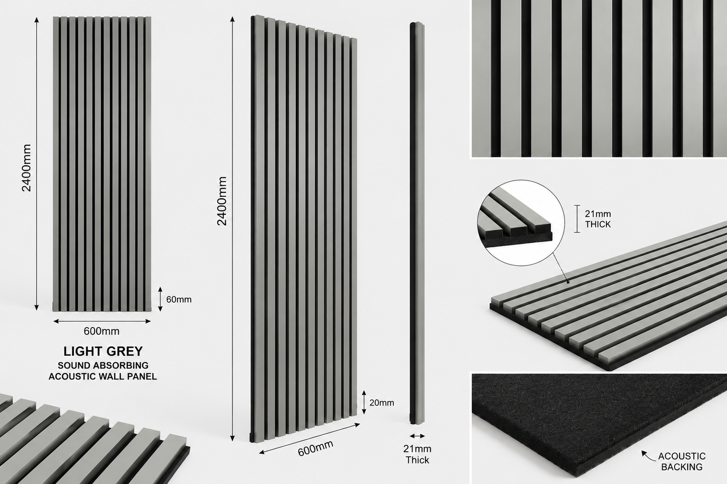 Light Grey Sound Absorbing Acoustic Wall Panel 2.4m x 0.6m