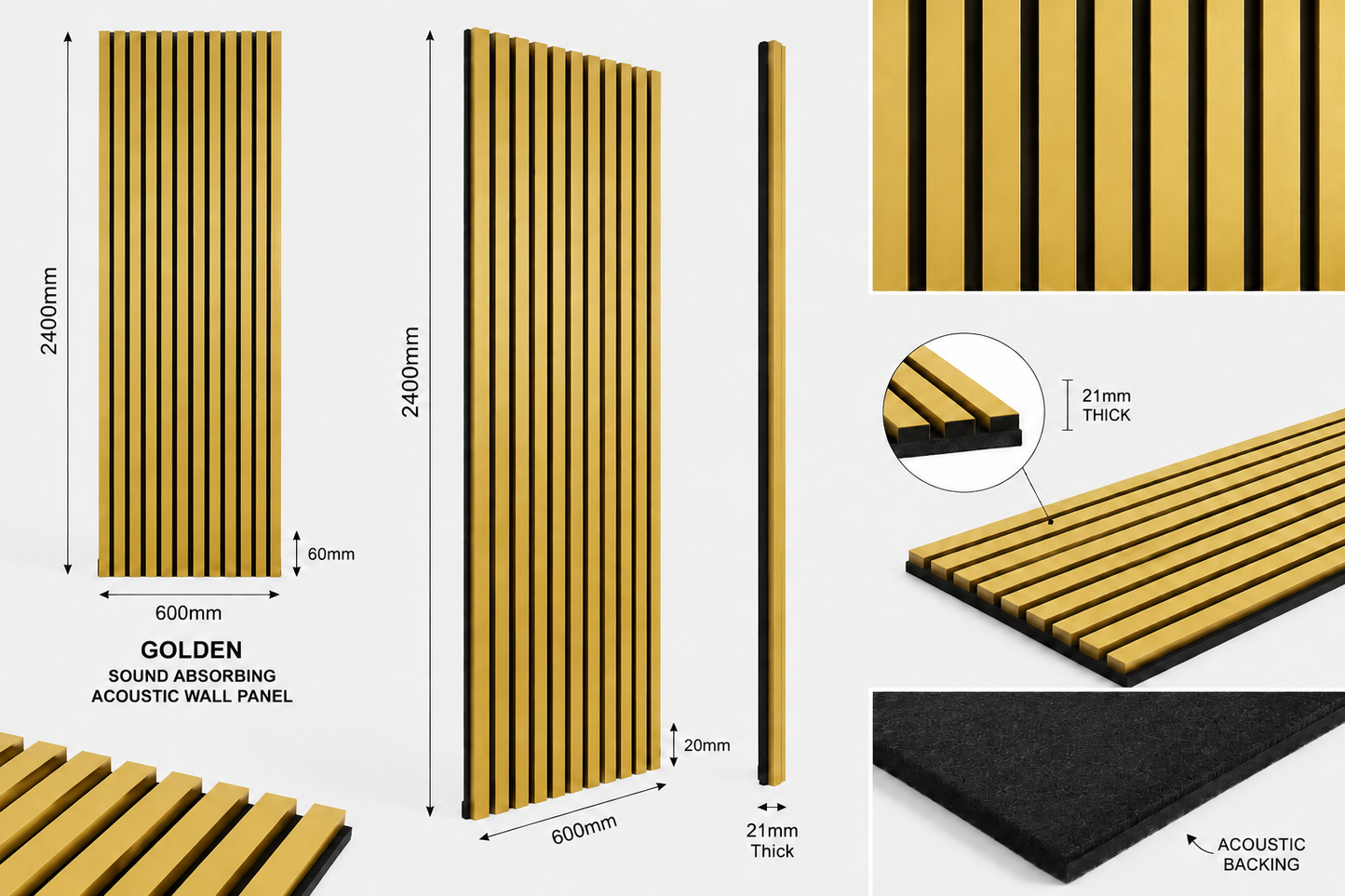 Golden Acoustic Wall Panel - Sound Absorbing Slat Wall Panel 2.4m x 0.6m
