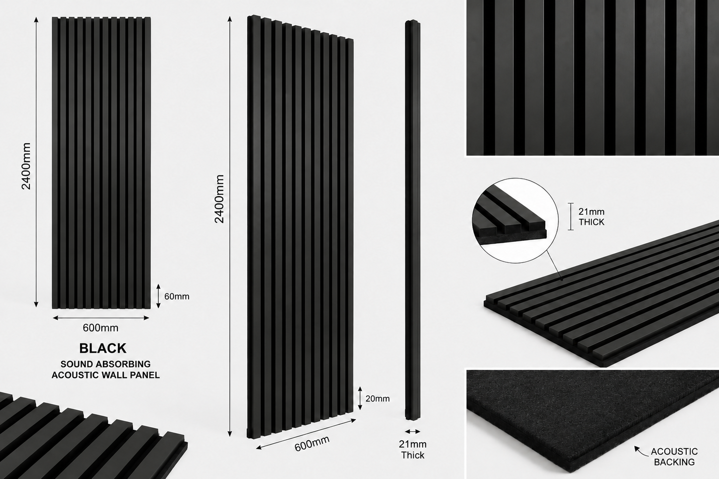 Black Grey Acoustic Wall Panel Sound Absorbing Slat Wall Panel – 2.4m x 0.6m