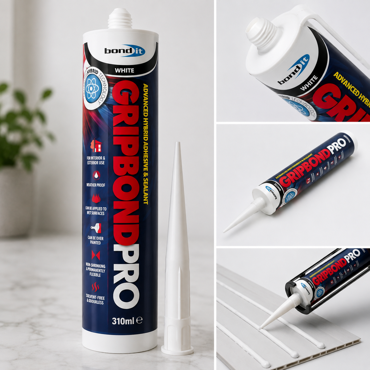Gripbond Pro White - All-in-One Universal Hybrid Sealant and Adhesive - EU3 310 Millilitre Cartridge, 1 x Tube