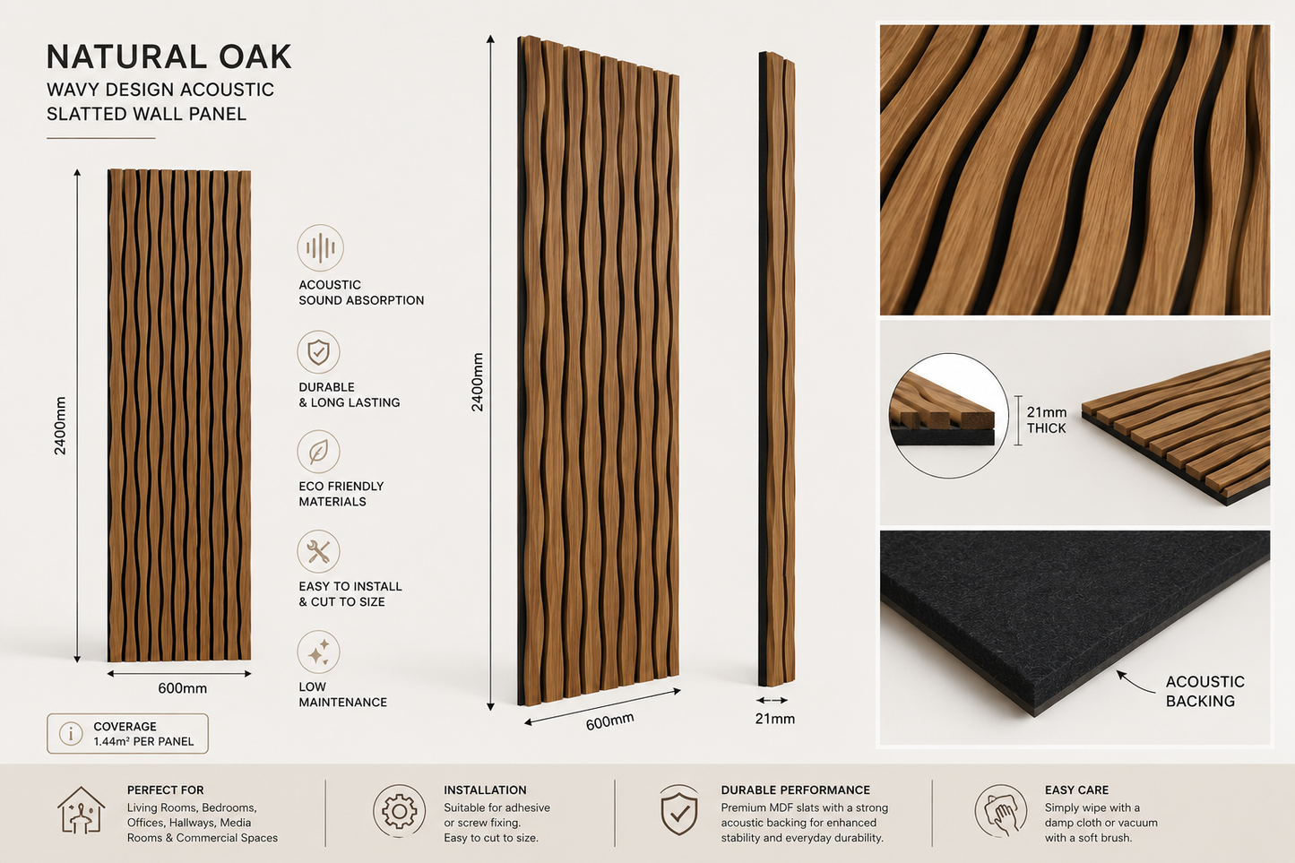Natural Oak Wavy Design Acoustic Slatted Wall Panel 2.4m x 0.6m