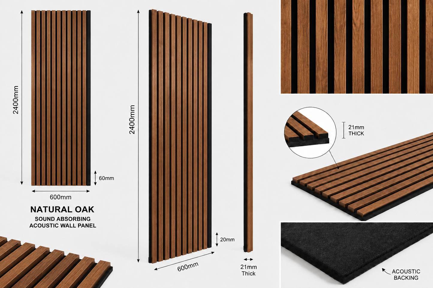 Acoustic Slat Wooden Decorative Natural Oak Wall Panel 2.4m x 0.6m